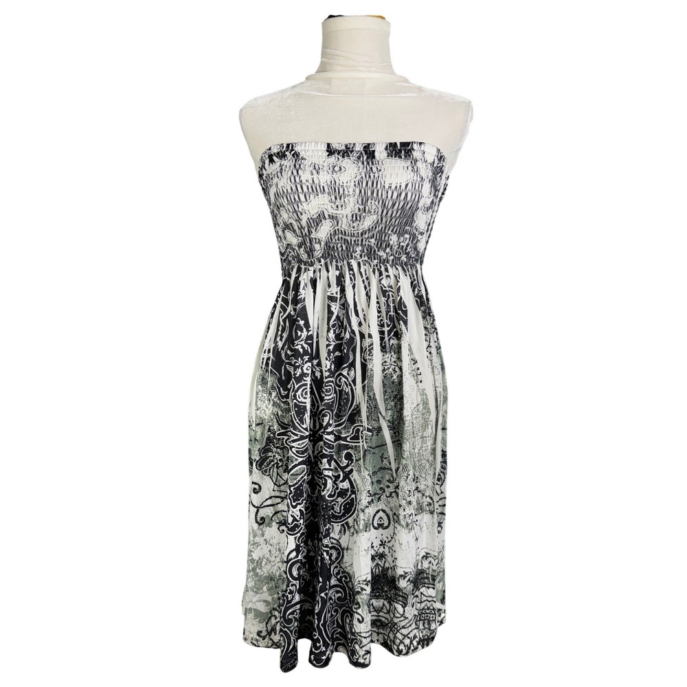 CristinaLove Womens Strapless Smocked Midi Dress Black White Sage Damask Fringe
